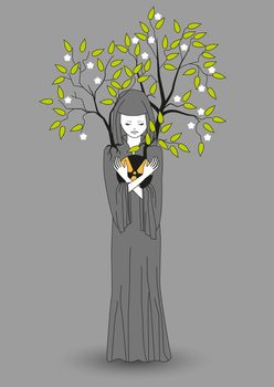 Girl with a gray cloak holding hands radiation and save the environment from contamination soaking it in themselves. illustration