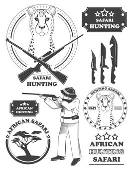 African hunter safari labels, leopard emblems and design elements. illustration