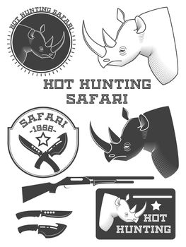 African hunter safari labels, rhinoceros emblems and design elements. illustration