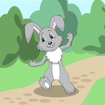 Cheerful rabbit walks on a path in the woods. illustration