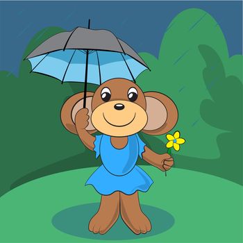 Cute monkey standing on green meadow with a flower and an umbrella in the rain. illustration