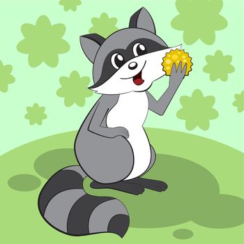 Cute raccoon sits on a green meadow and eats. illustration
