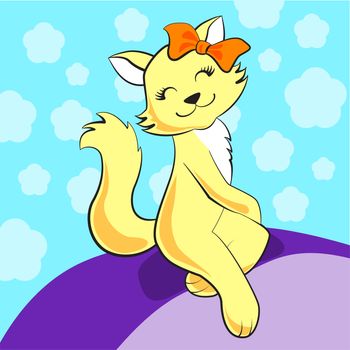 Cute cartoon cat sits smiling with orange bow on her head. illustration