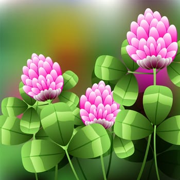 Blooming pink flowers on green field, clover meadow. illustration