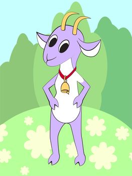 Cute cartoon goat on a meadow with a bell around his neck. illustration