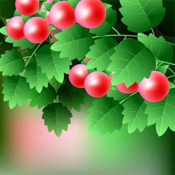 Ripe, red, juicy cherry tomato hang on a green branch. illustration
