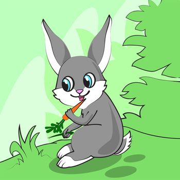 Cute cartoon bunny eats carrot on a meadow. illustration