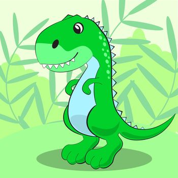 Cute dinosaur standing on a green meadow and smiling. illustration