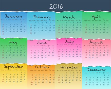 Simple colorful calendar for 2016. Week starts Sunday. illustration