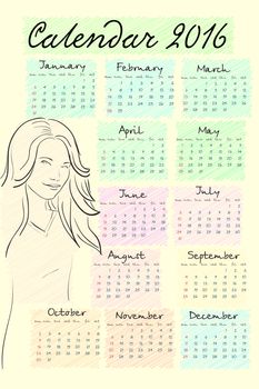 2016 calendar with cute girl. It can be used as greeting cards. Sketch drawing style. illustration