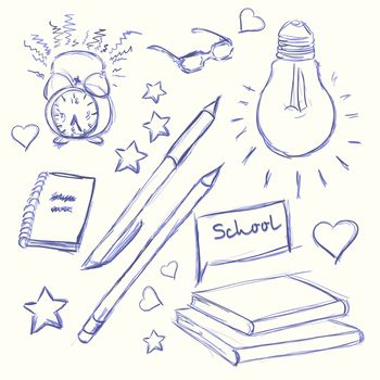 Hand drawn back to school. Alarm Clock, glasses light, diary, pencil, book heart star. illustration