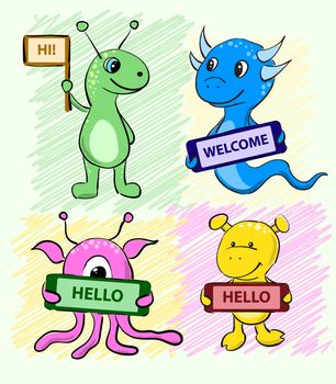 Set of cute cartoon alien monster with a sign in his hands for your test. illustration