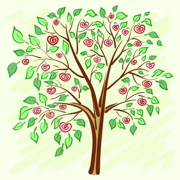 Stylized apple tree with lonely mysterious fruits. illustration
