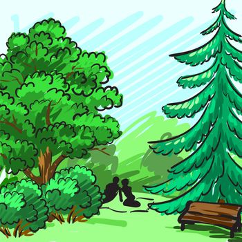 Spruce and green tree in the background. Park, an empty bench, a couple on a picnic. Corporate identity is drawn by hand. illustration