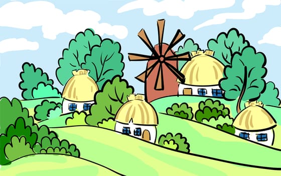 Summer landscape of the village. on the hill stands a mill and house. hand-drawn. It can be used as a postcard. illustration