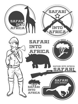 Safari in Africa. Giraffe, rhino, cheetah and hunter with weapon. Vintage style. It can be used as logo. illustration