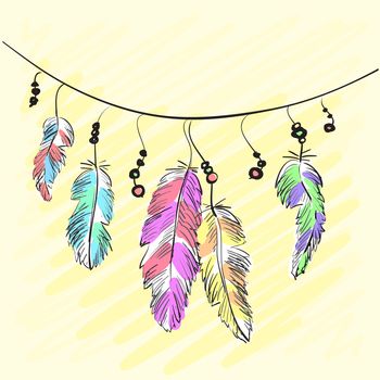 Set of beautiful colored feathers. Sketch feathers. illustration