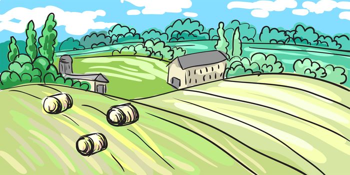 Summer landscape of the village. on the hill stands house. hand-drawn. It can be used as a postcard. illustration