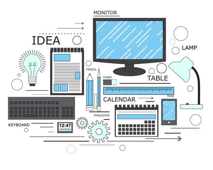 Power of knowledge, learning process, self education in applied science, computer technology for study. Modern concept. Line art. illustration