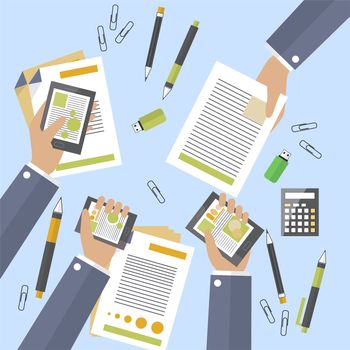 Hands of business people busy devices and papers. Big deal is signed. Treaty and counting profits. Annual or monthly report. Flat design. illustration