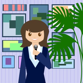 Woman journalist with microphone is a news service on the background of paintings and plants. Flat design. illustration
