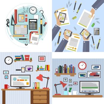 Flat design of modern office interior with designer desktop showing design application with interface icons and elements in minimalist style and color. illustration