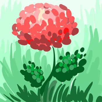 Red stylized peony on green background for your design. Hand-drawn. illustration