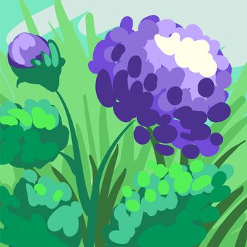 Violet stylized peony hand-drawn on green background for your design. illustration
