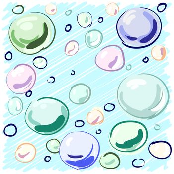 Colored soap bubbles hand-drawn on a blue background for your design. illustration