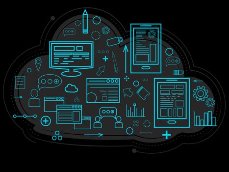 Cloud data is stored on the server, information about people, graphs, reports, the memory of work and settings. Documents and reports. Linear design. illustration