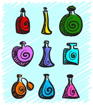 Set of colorful bottles with spirits hand-drawn on a blue background. illustration