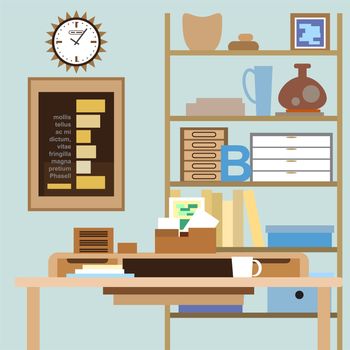 Workspace with a desk, shelves, boxes and other items. illustration