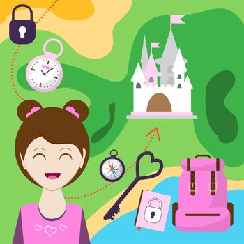 map with a girl, backpack and other items. Map of passage to the castle. Child Game. Help the girl get here before the place. illustration