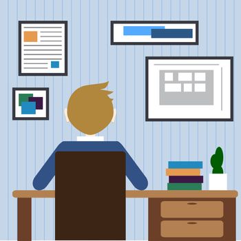 Flat design modern lifestyle concept of handsome man in casual T-shirt sitting at the desk and working on laptop in the office. Isolated on stylish background. illustration