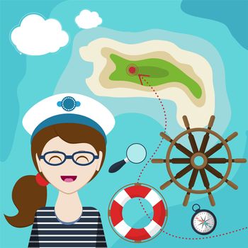 mapwith a sailor, lifeline, steering wheel, compass and magnifier on background with sea map. Child Game. Help the girl-sailor swim to shore. illustration