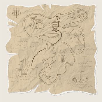 Pirate treasure map of the island on old paper. illustration