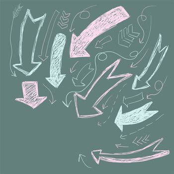 Collection of scribble arrows hand-drawn on a dark background. illustration