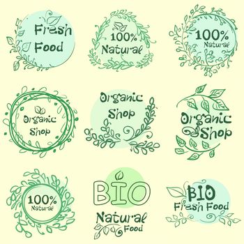 Flat label collection of 100 organic product and premium quality natural food badge elements. Isolated on white background. Flat design style modern concept. illustration