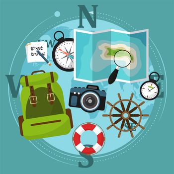 Set of travel accessories with backpack, compass, map and other items. illustration