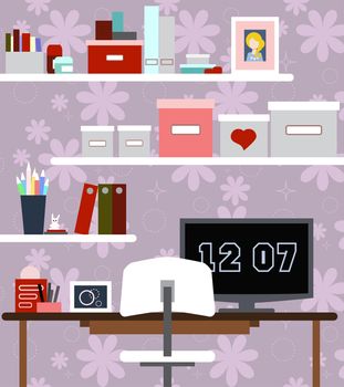 Workplace of girl with the desk, chair, books, watches and other items. illustration