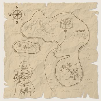 Pirate treasure map of the island on old paper. illustration