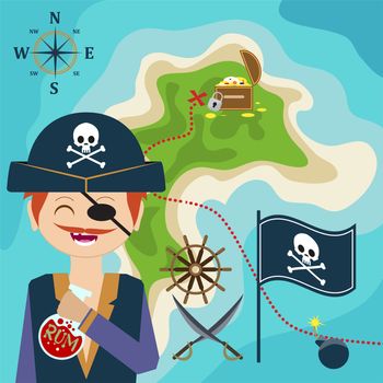 map with a pirate and a map of treasure island. Child Game. Help the pirate find treasures. illustration
