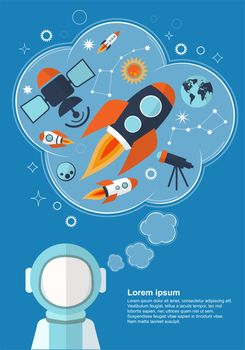 Astronaut who is thinking about rockets, stars and other objects with space for your text. illustration