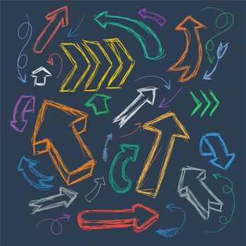Collection of scribble arrows hand-drawn on a dark background. illustration