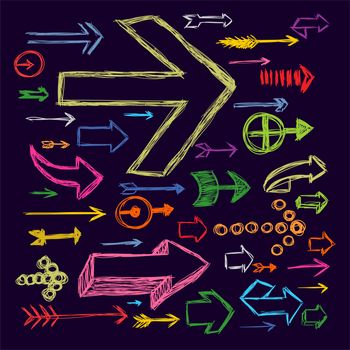 Set of bright scribble arrows hand-drawn on a dark background. illustration