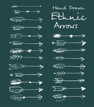 Collection of ethnic arrows hand-drawn on a green background for your design. illustration