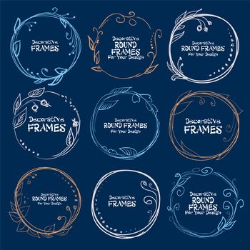 Set of decorative frames hand-drawn on a blue background. illustration