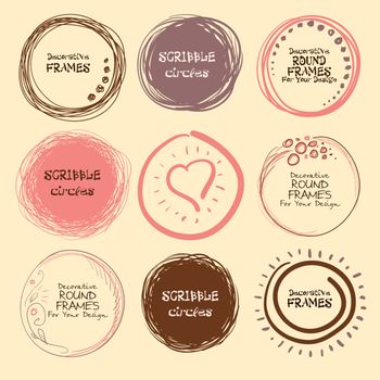 Set of hand drawn scribble circles and decorative frames for your design. illustration