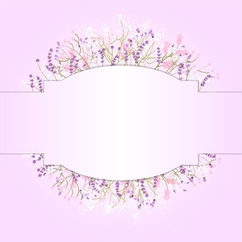 Composition of delicate wild flowers on a pink background with space for your text. Postcard. illustration