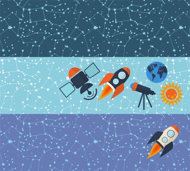 Banners on the theme of space on a dark background with a rocket, the telescope, the satellite. illustration